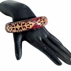 Vintage Lucite Domed Bangle Bracelet Embedded Gold Filigree Maroon Backing  3/4"